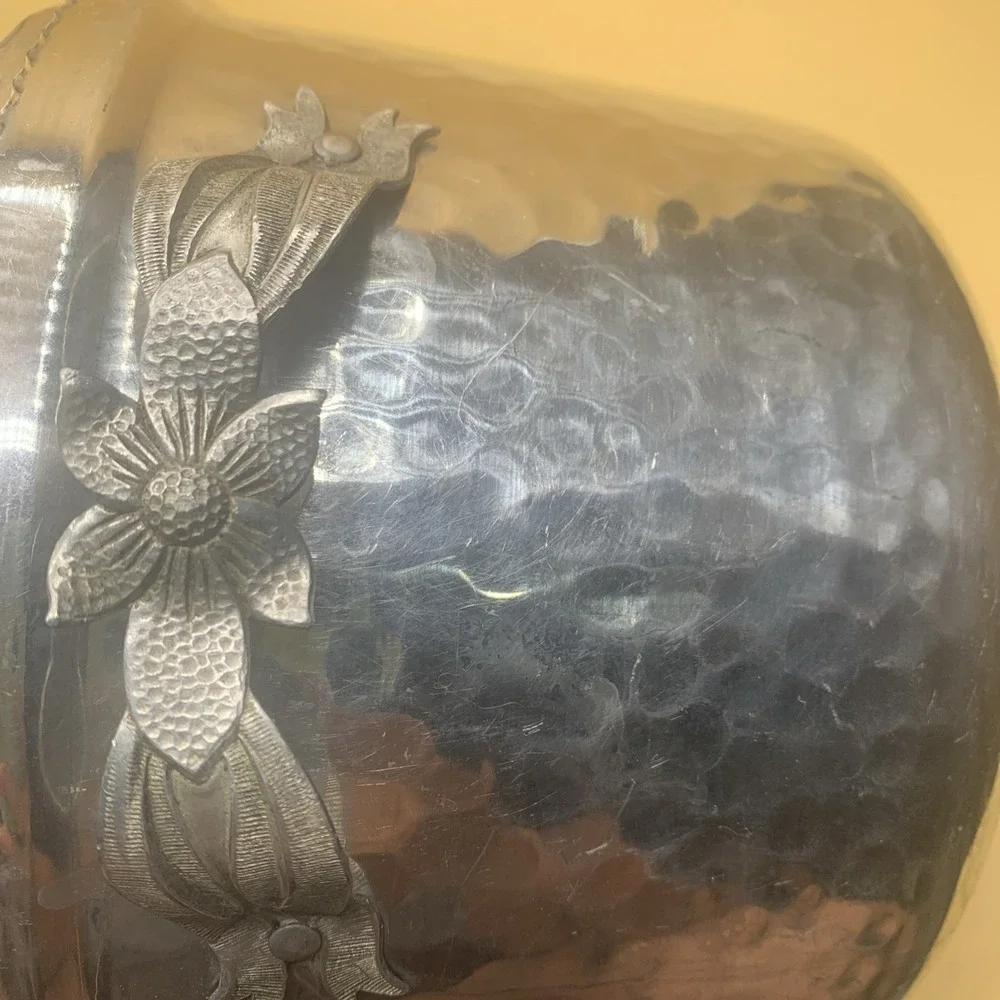 Vintage Hammered Aluminum Silver MCM Tulips Floral Double Walled Ice Bucket